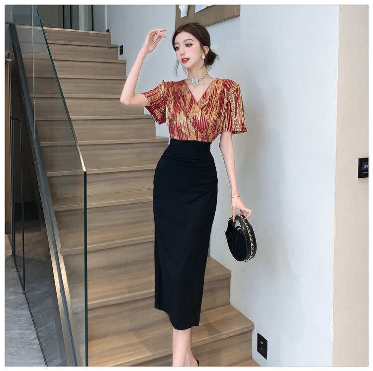 【dress】Vネック切り替えスリットワンピース G21104