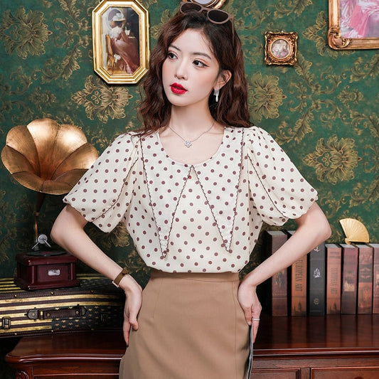 【tops】パフスリーブ ドット柄ブラウスG21040