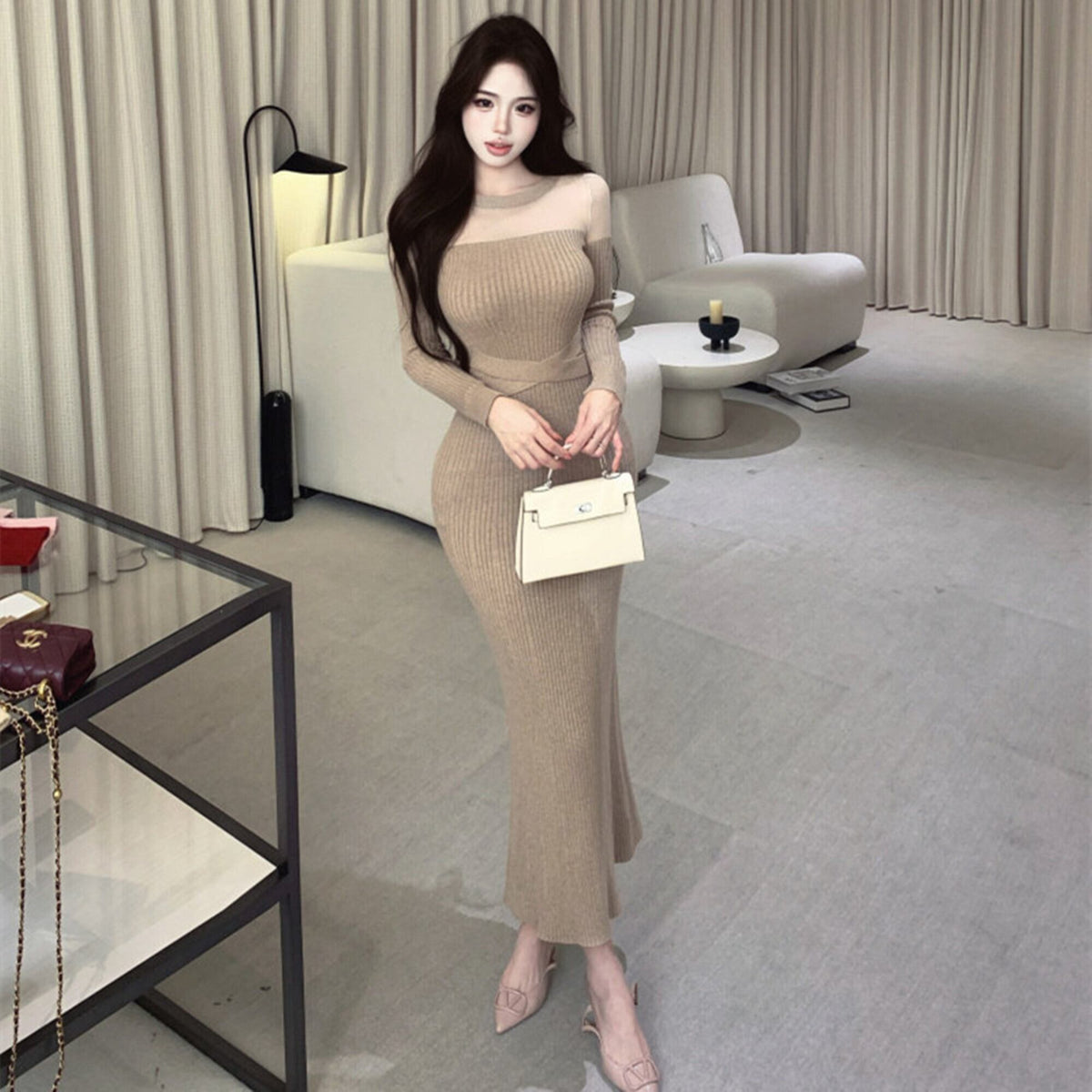 【dress】透け感マーメイドニットワンピース　N3517