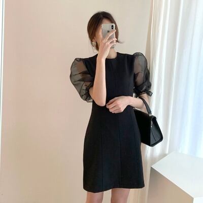【dress】韓国風 気質満点ラウンドネックパフスリーブシフォン切り替えワンピース