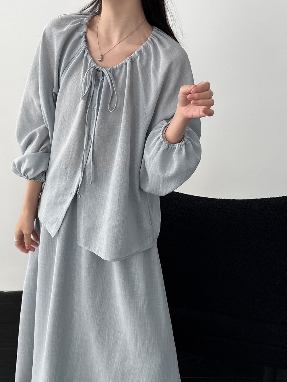 【set】リボン付きトップス×ロングスカートセット Q8324
