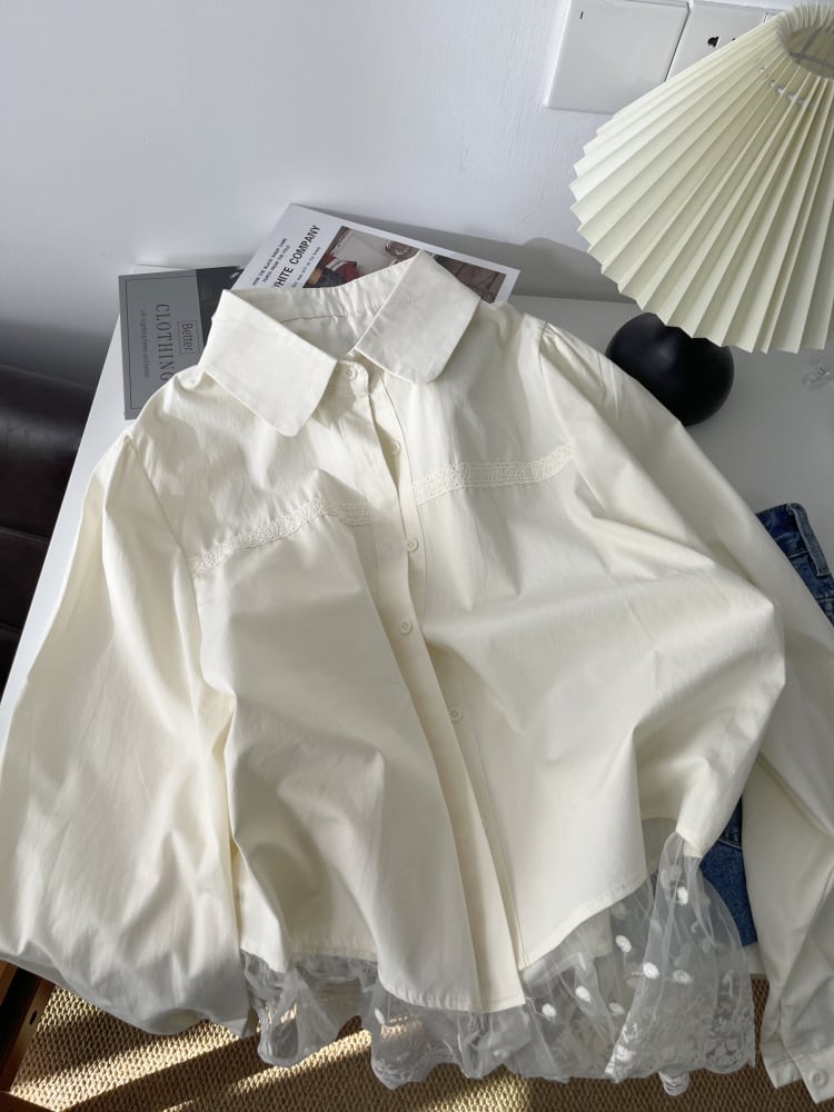 【tops】レース切り替えシャツブラウス　M29700
