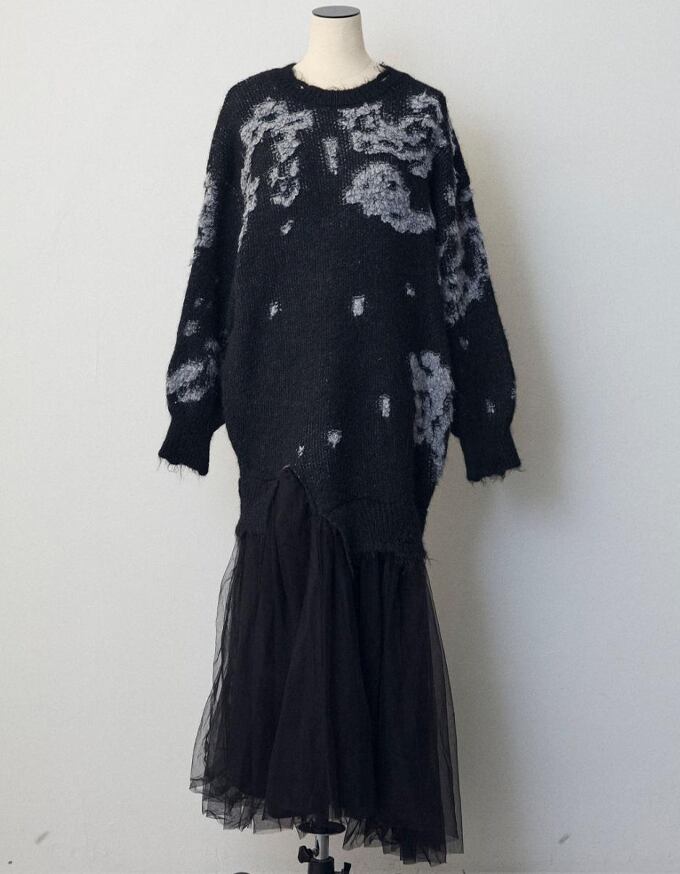 【dress】チュールドッキングロングニットワンピース Q7839