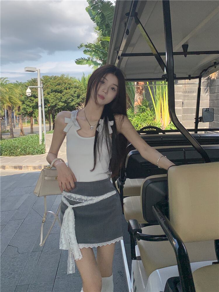 【set】リボンキャミソール+レーススカート２点セットG20413