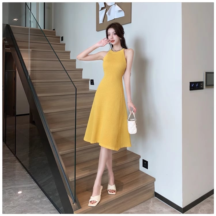 【dress】ホルターネックAラインニットワンピースF7458