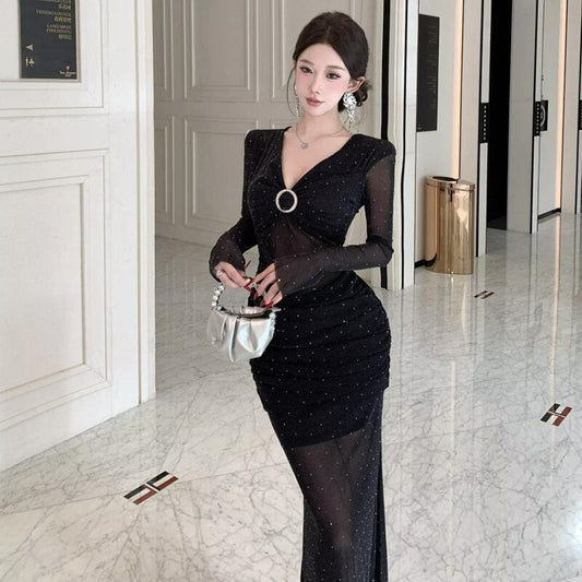 【dress】チュールドッキングロングワンピース Q7422