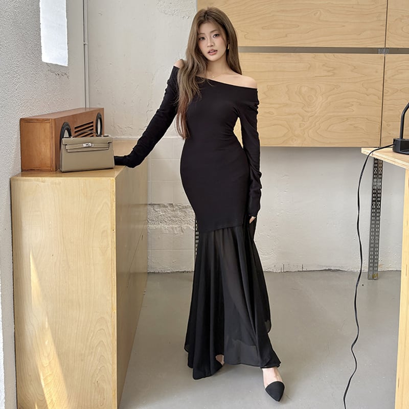 【dress】オフショルドッキングマーメイドワンピース Q6925