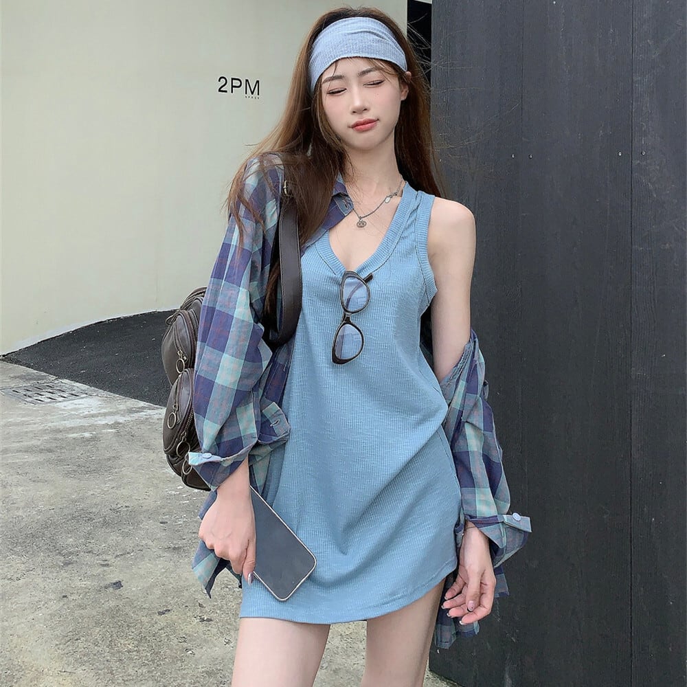 【set】ノースリーブトップス×チェック柄シャツセット　M25109