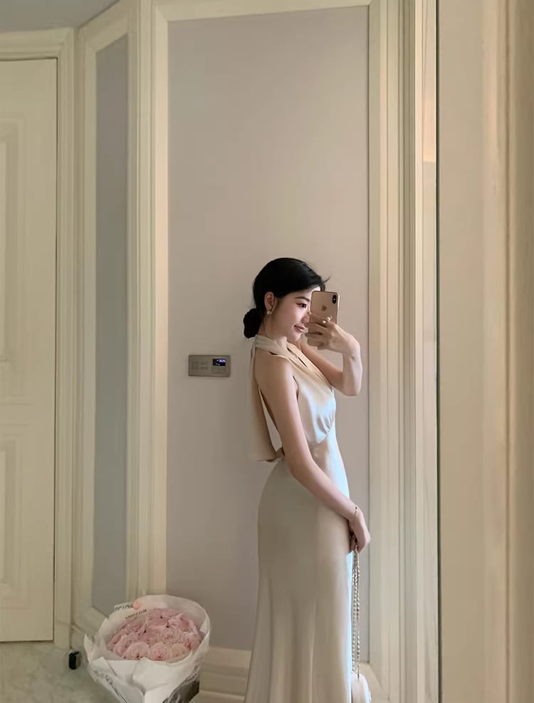 【dress】ノースリーブホルターネックロングワンピース Q7992
