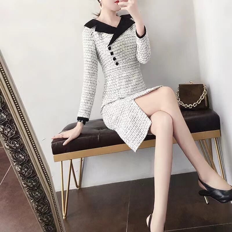 【dress】気質溢れる♪韓国風ラペル長袖スリットチェック柄体型カバー配色タイトフォーマルワンピースF1407