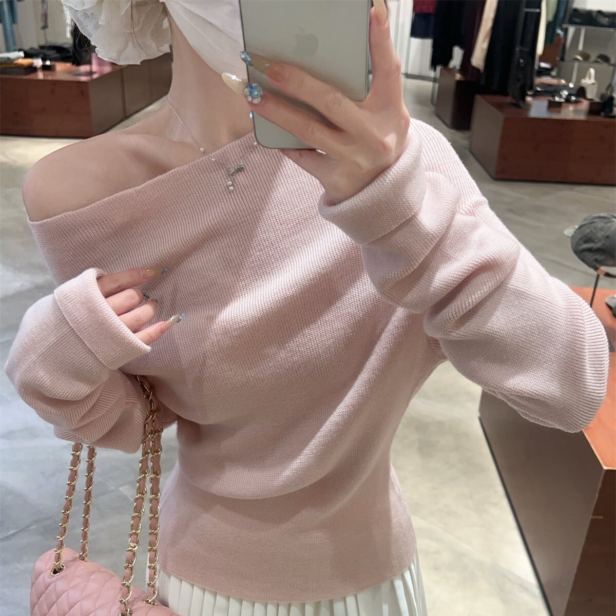 【tops】オフショルダーニットトップス　M29638