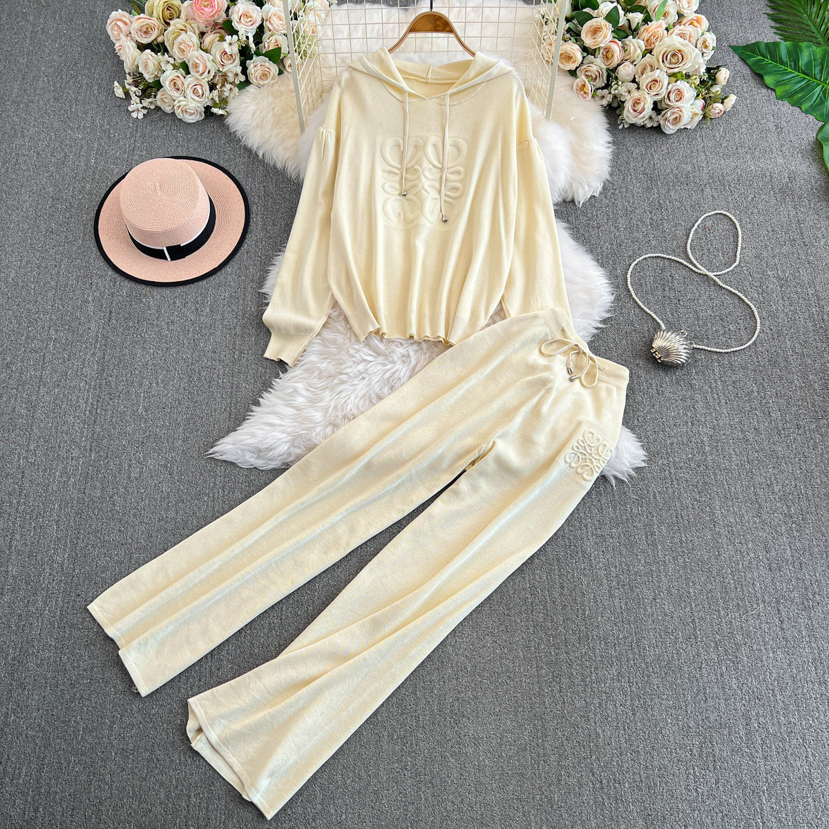 【set】フード付きニットトップス×ワイドパンツセット　N2722