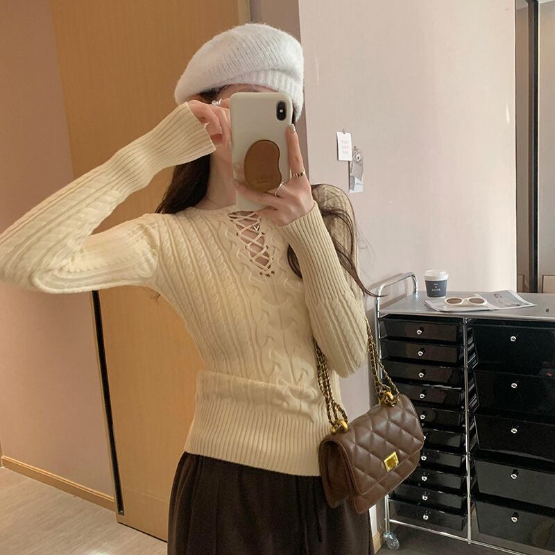 【tops】カットワークニットトップス　ニットトップス