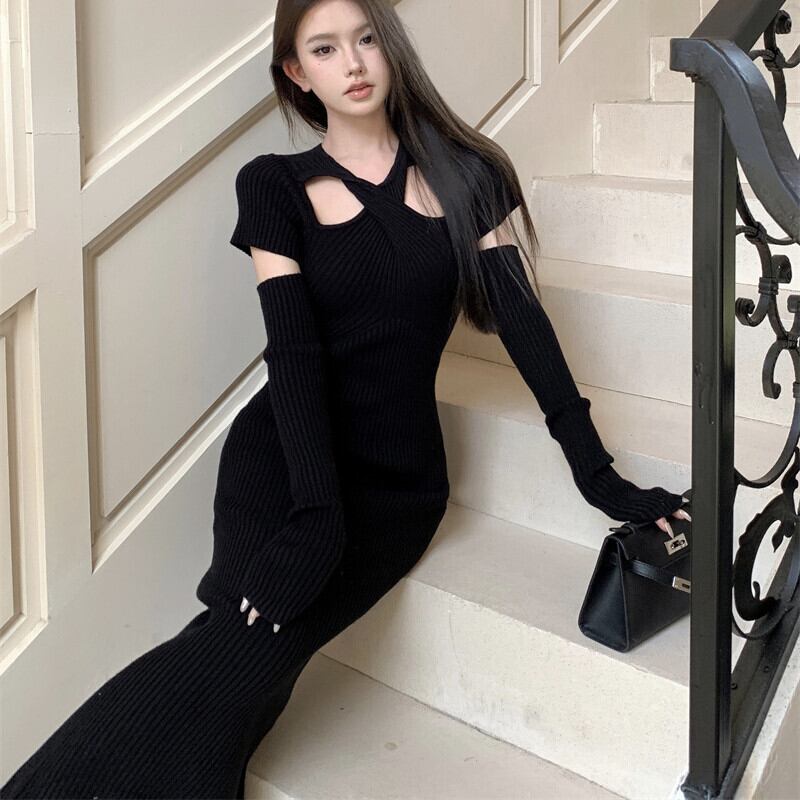 【dress】アームカバー付きニットワンピース　M28247