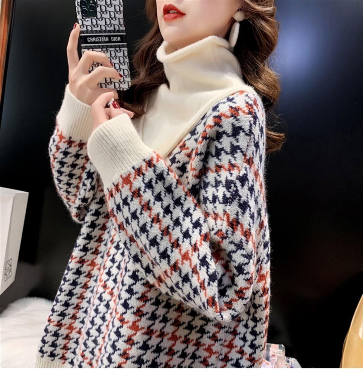 【tops】美人度アップ!韓国系ハイネック偽二つ切り替え秋冬ゆったりルーズ厚手セーター G3658