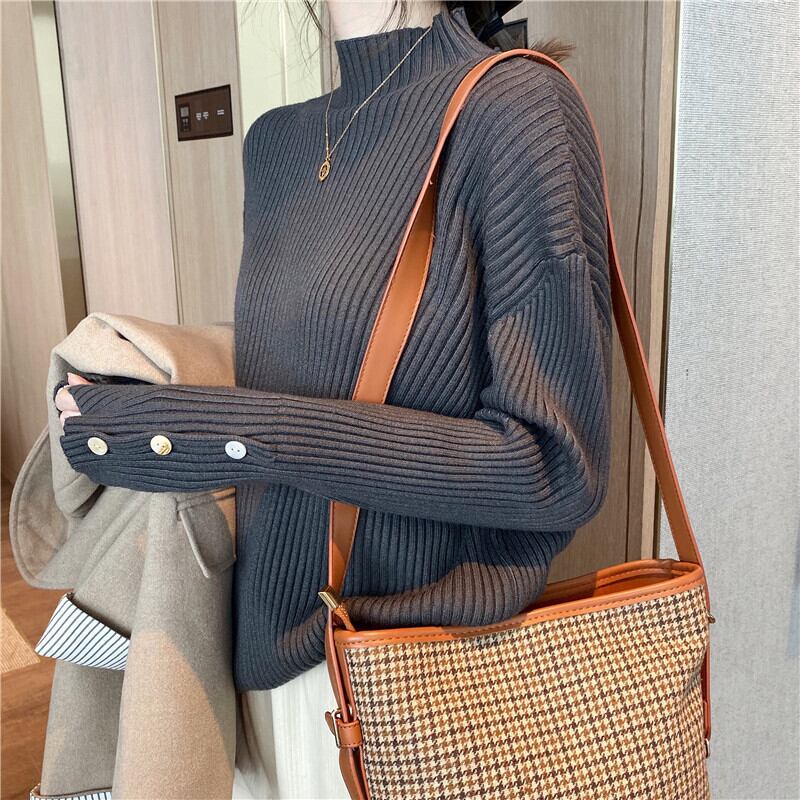 【tops】女性力を高める〜ハーフネック長袖体型カバーファッション無地ニットセーターF0839