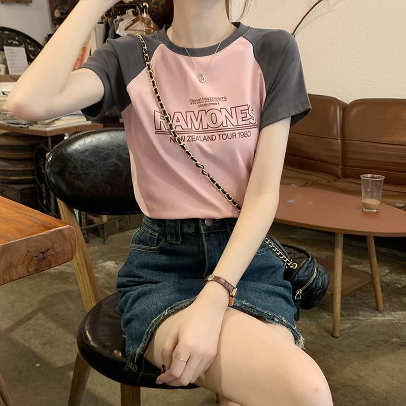 【tops】3色半袖英字柄ＴシャツF7494