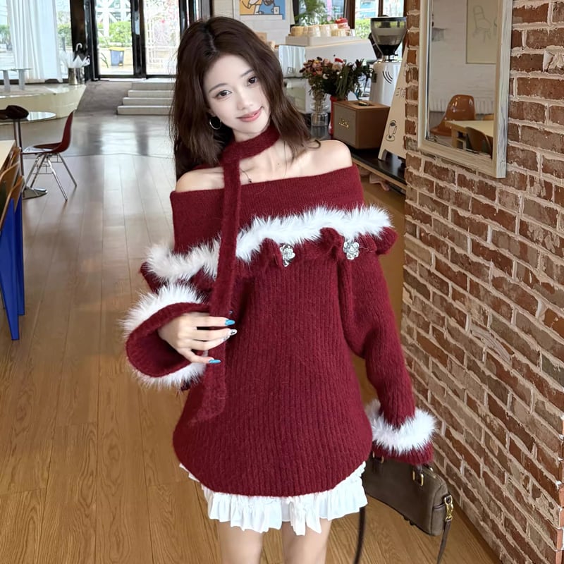 【tops】オフショルダーファードッキングニットトップス Q7599