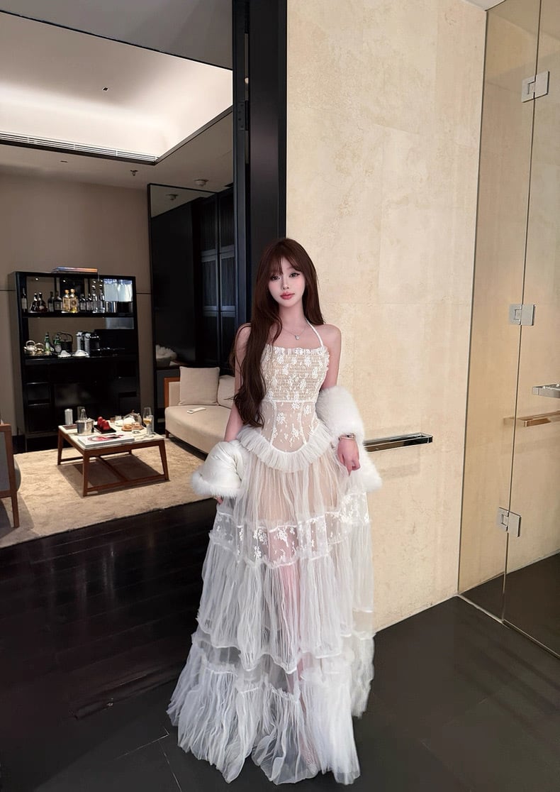 【dress】チュールレースロングワンピース Q7971