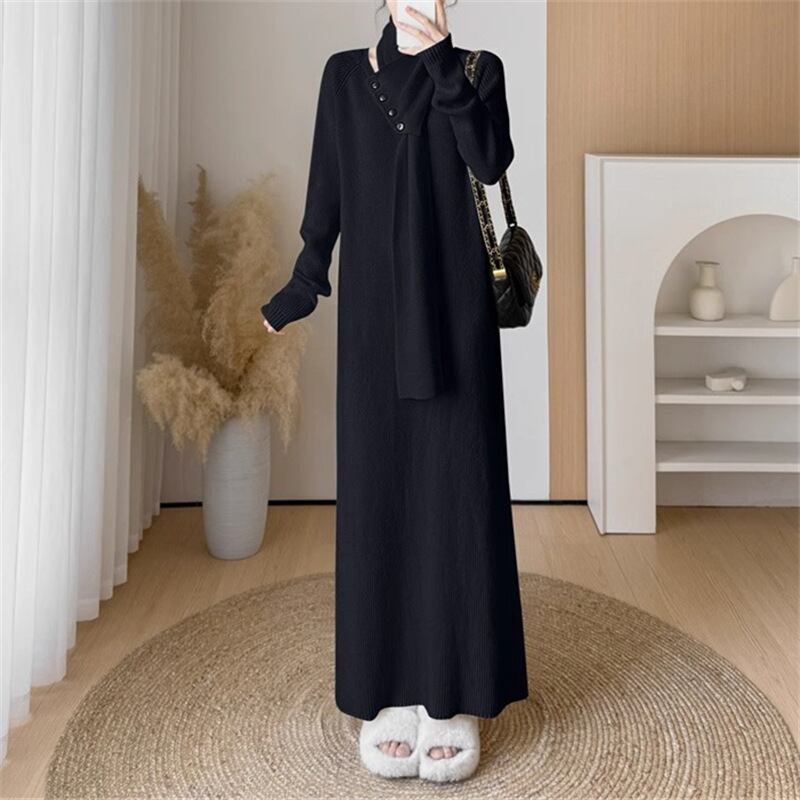 【dress】マフラー付きロングニットワンピース Q7315