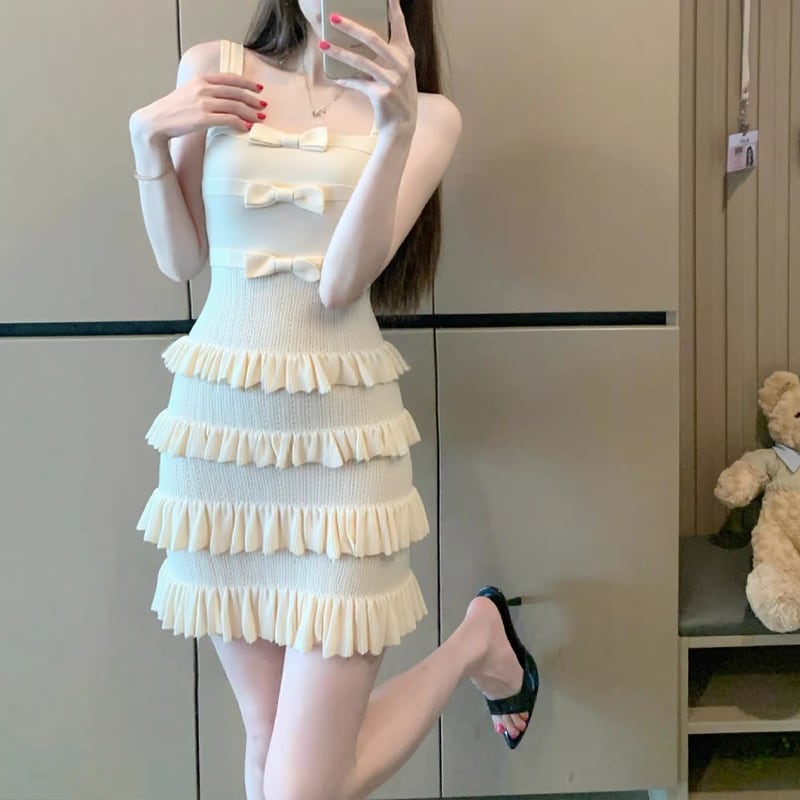 【dress】リボン付きニットティアードキャミワンピース Q8382