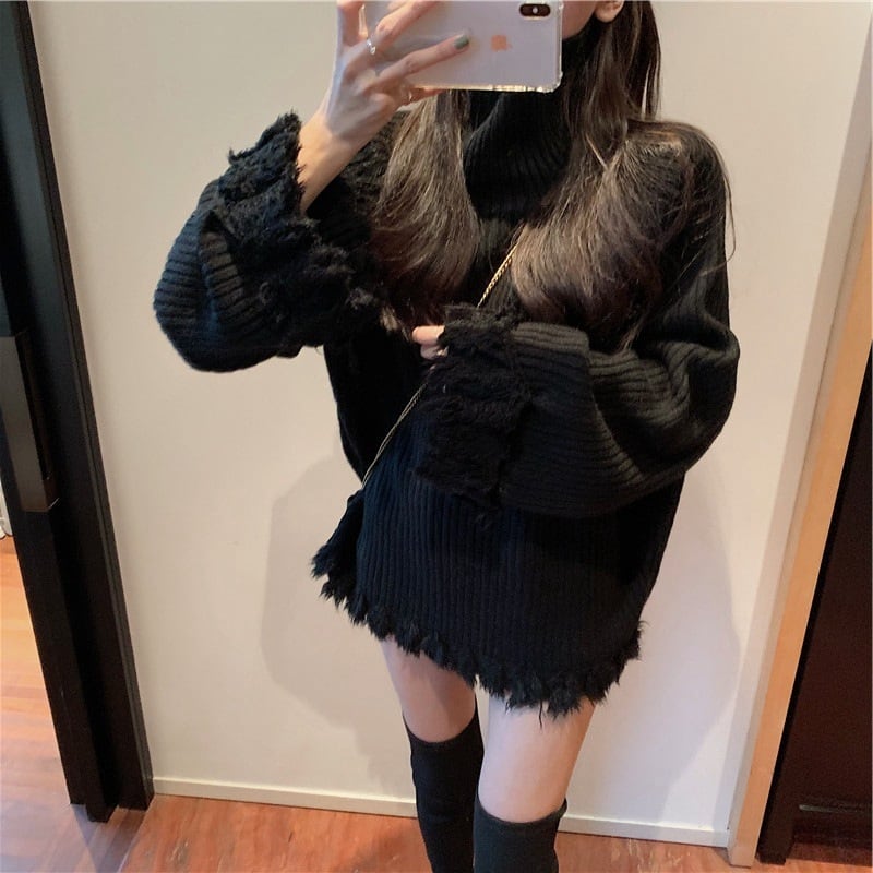 【tops】ハイネック長袖ファッション無地ゆったり着回しニットセーターF0840