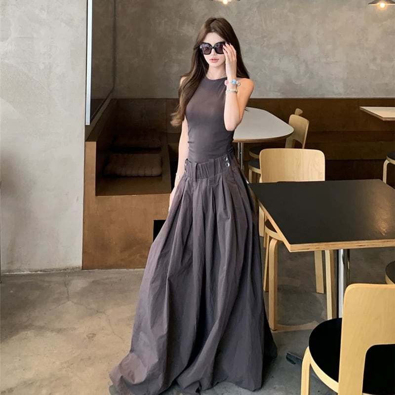 【dress】ノースリーブフェイクレイヤードロングワンピース Q8500