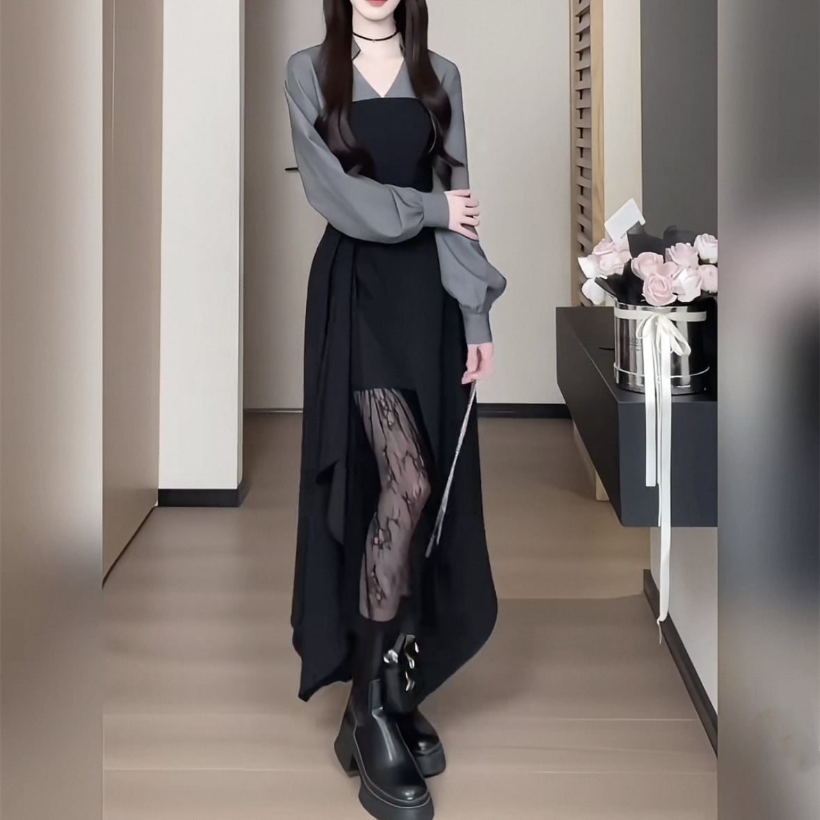 【dress】レースドッキングイレヘムワンピース　N3296