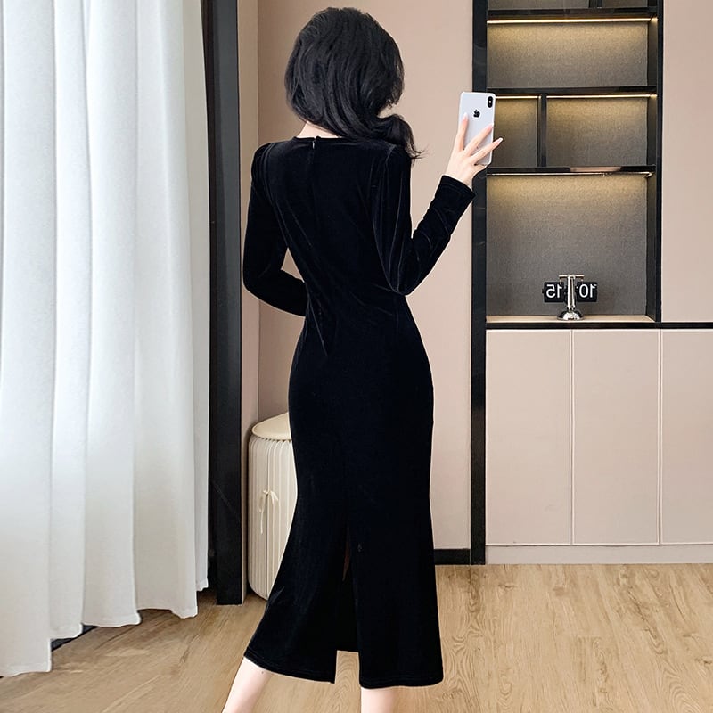 【dress】Vネックレースドッキングベルベットワンピース Q7497
