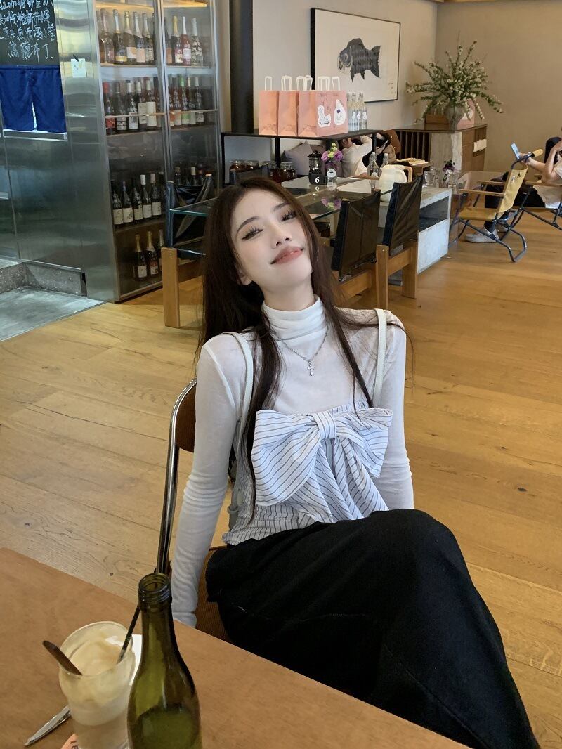 【set】Tシャツ+ストライプ柄リボンベアトップ２点セットG21346