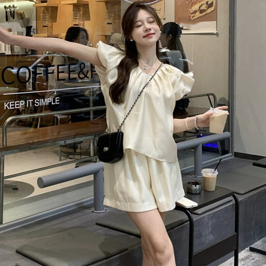 【set】Vネックトップス+ショートパンツ２点セットG21516