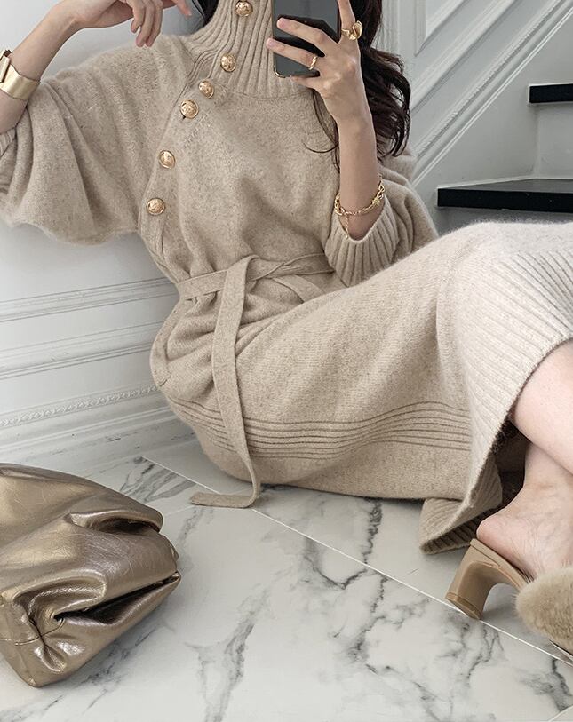 【dress】 韓国系好感度UP!気質満点秋冬レトロハイネックセーターニットワンピース G2023