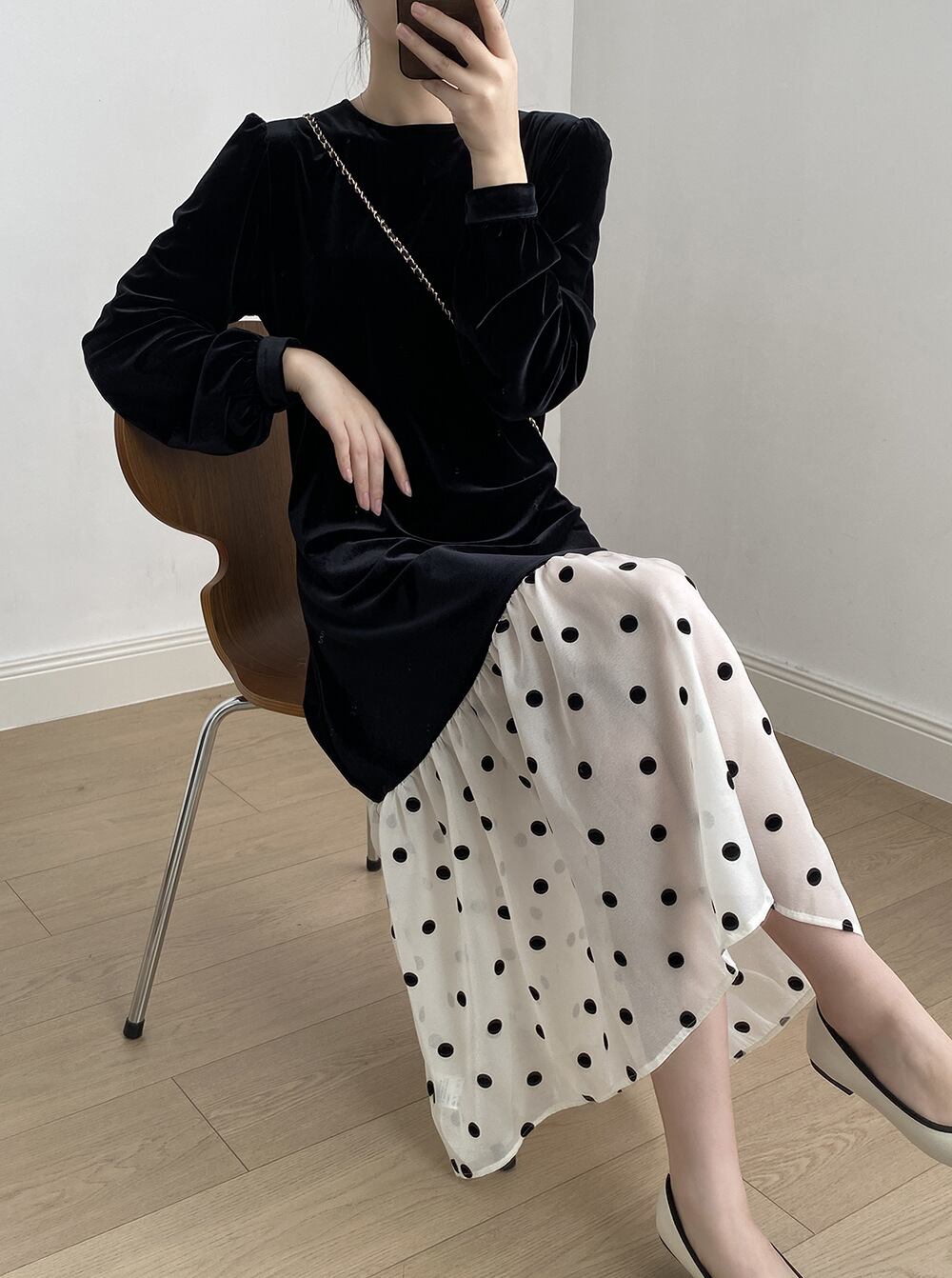 【dress】ドット柄ドッキングワンピース　M29743