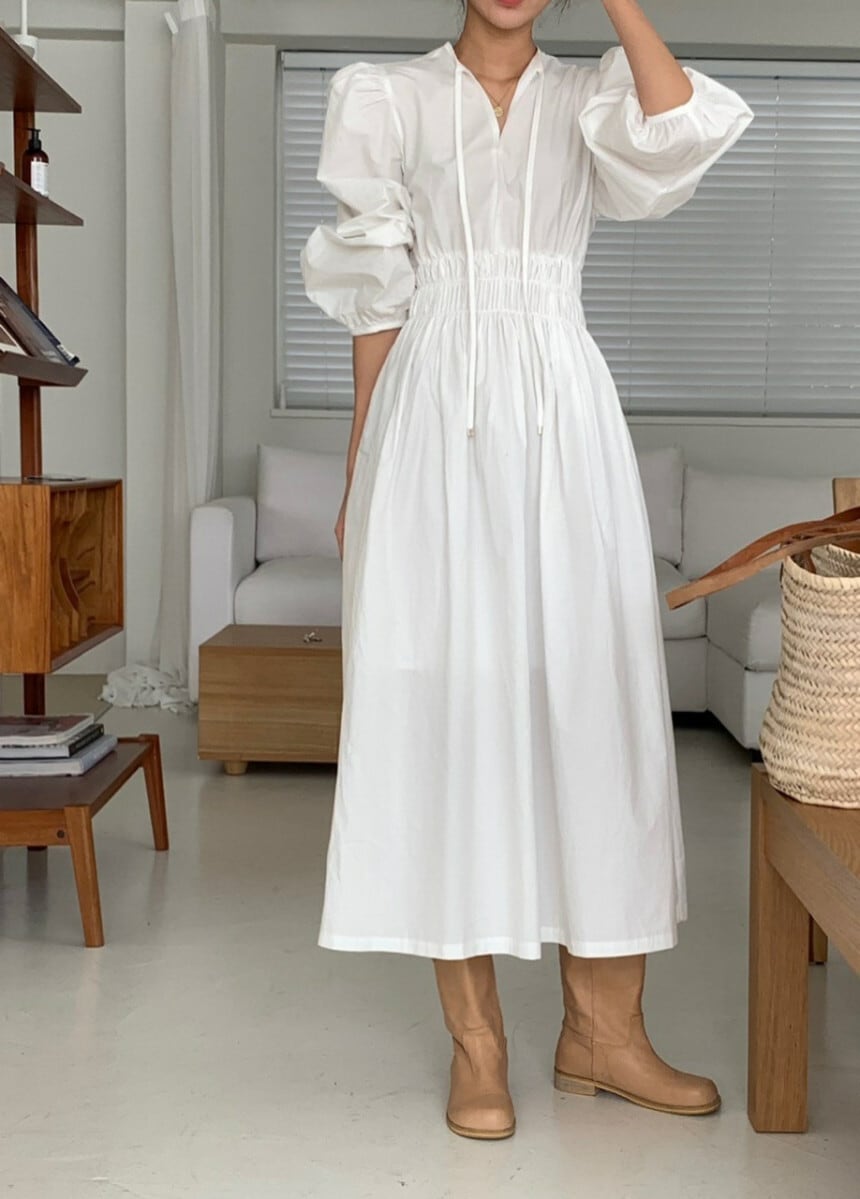 【dress】パフスリーブウエストギャザーワンピース　N2974