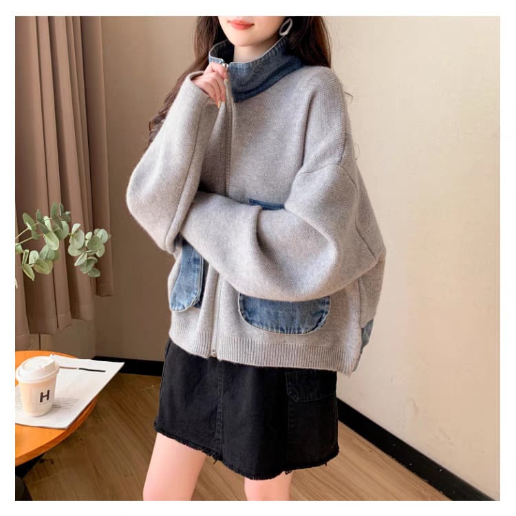 【outer】デニム切り替えニットカーデ　M25745