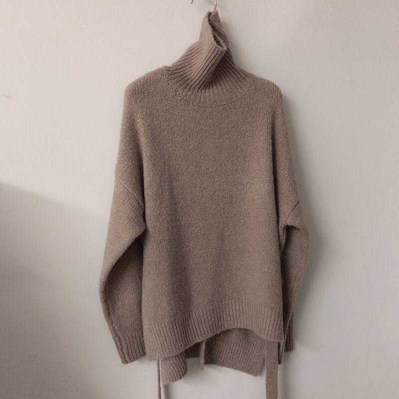 【tops】長袖体型カバーウエストリボン着回し無地ニットセーターF0947