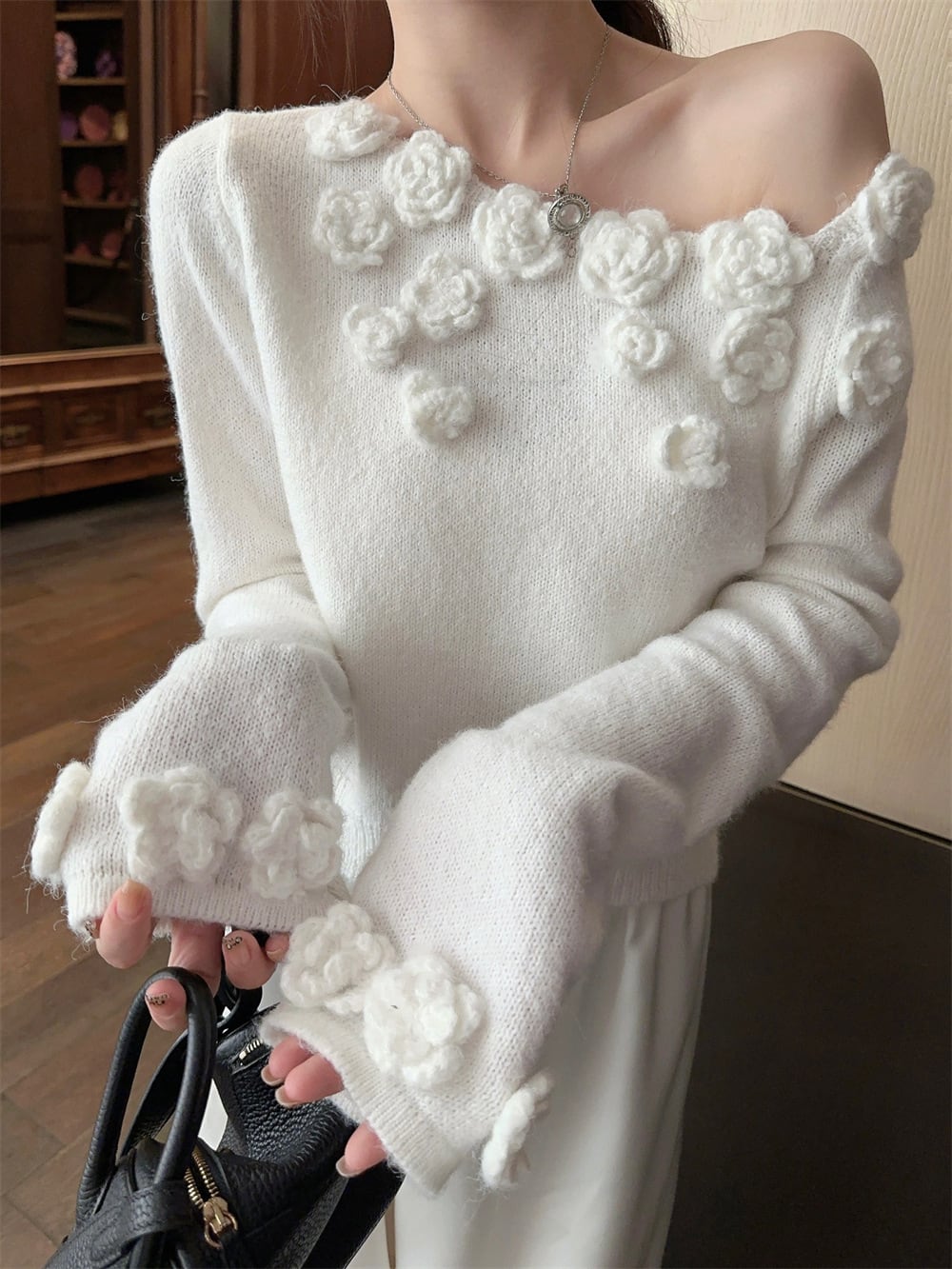 【tops】フラワーモチーフニットセーター　M26116