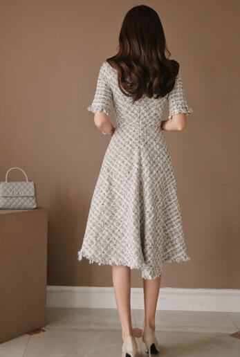 【dress】OL通勤好感度UP!気質満点韓国風知的5分袖 ハイウエストワンピース G0402