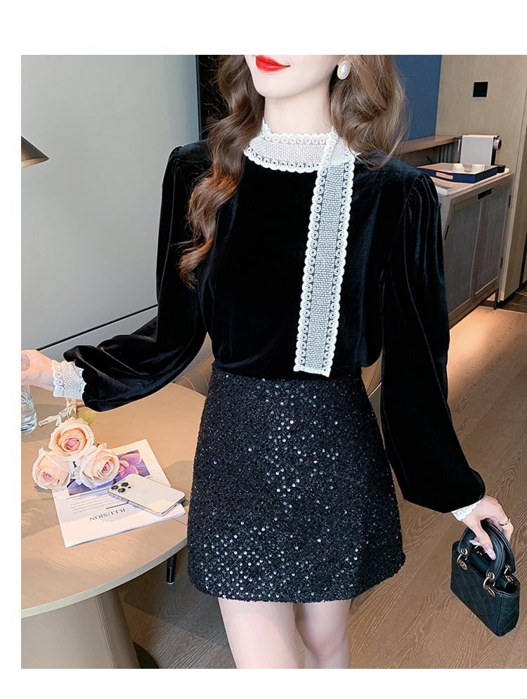 【tops】レース切り替えシャツトップス　M27569