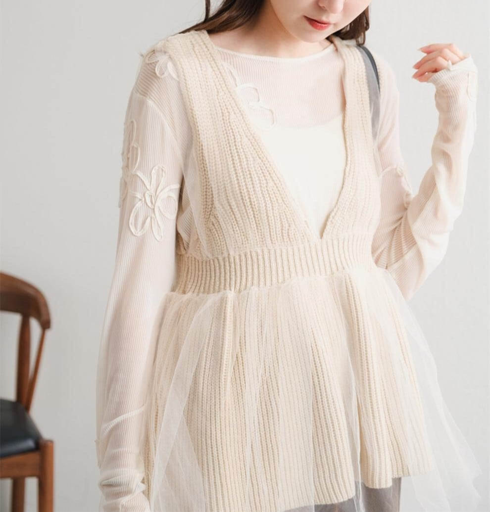 【tops】Vネックチュールコンビニットベスト　M28580