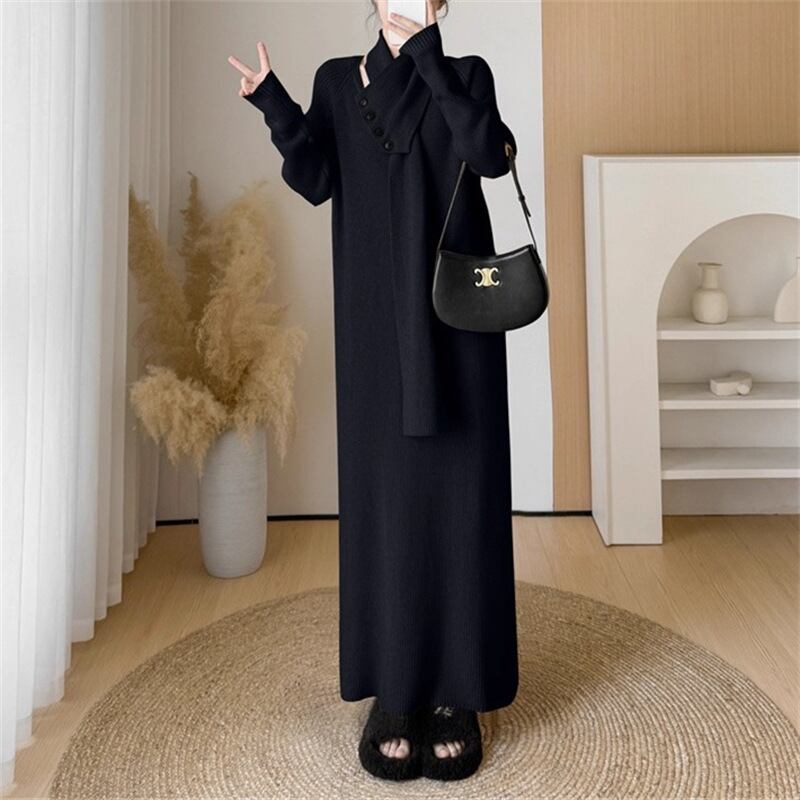 【dress】マフラー付きロングニットワンピース Q7315