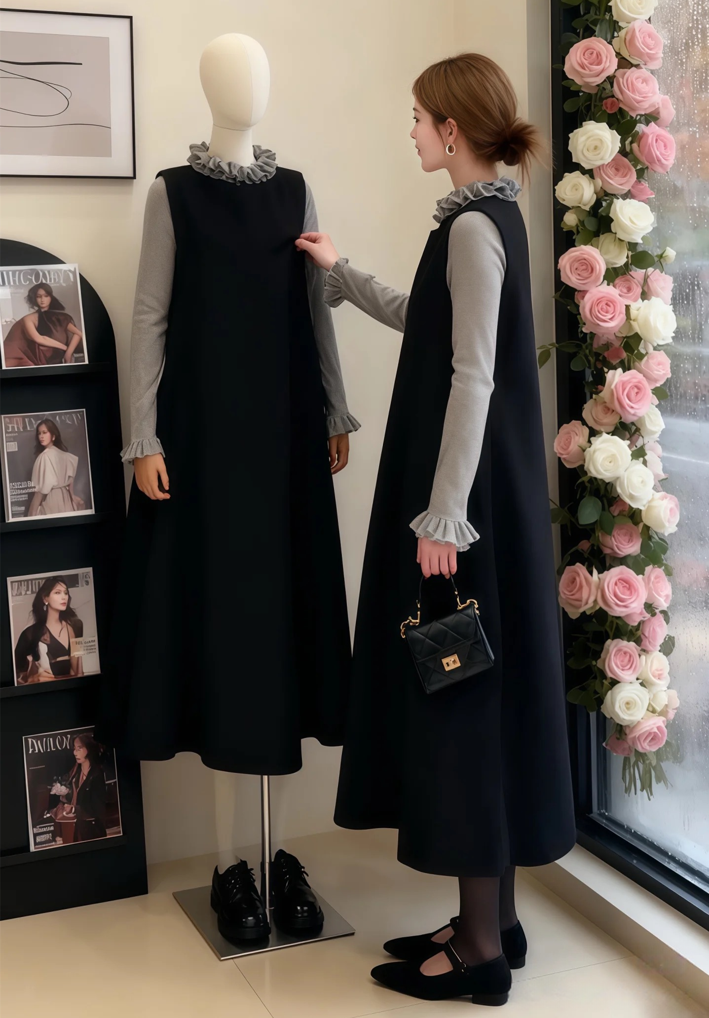 【set】フリルニットトップス×ノースリーブワンピースセット　N3434