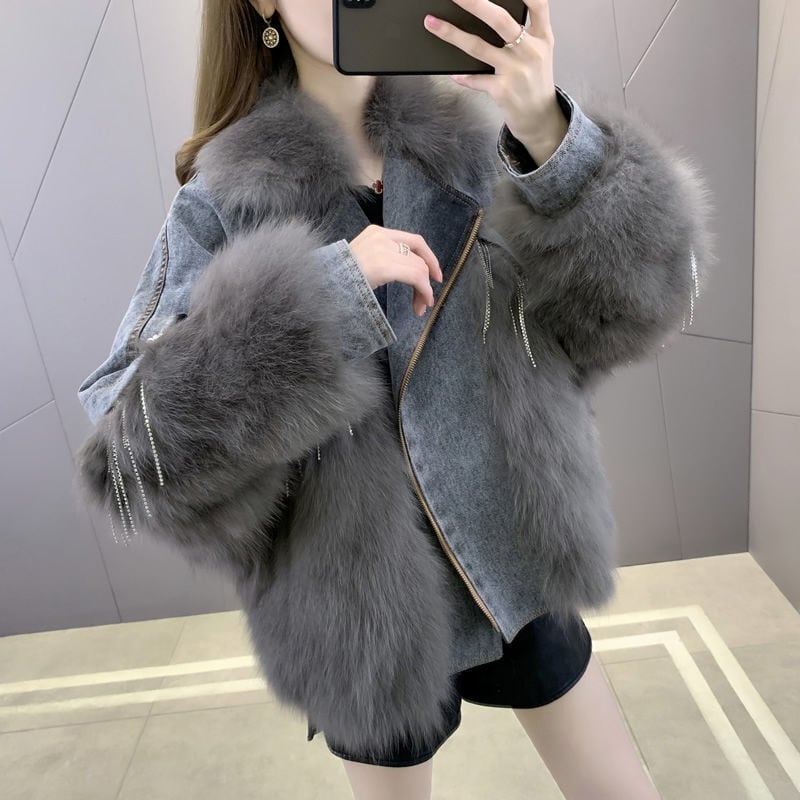 【outer】話題沸騰中ラペル長袖ポケート付き着回し配色おしゃれ厚手秋冬着デニムジャケットF1005