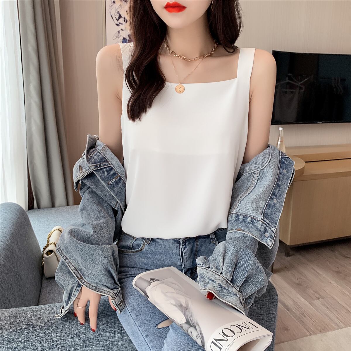 【tops】店長推薦3色夏新作韓国風INS風スクエアネック無地着回しキャミソールF1996