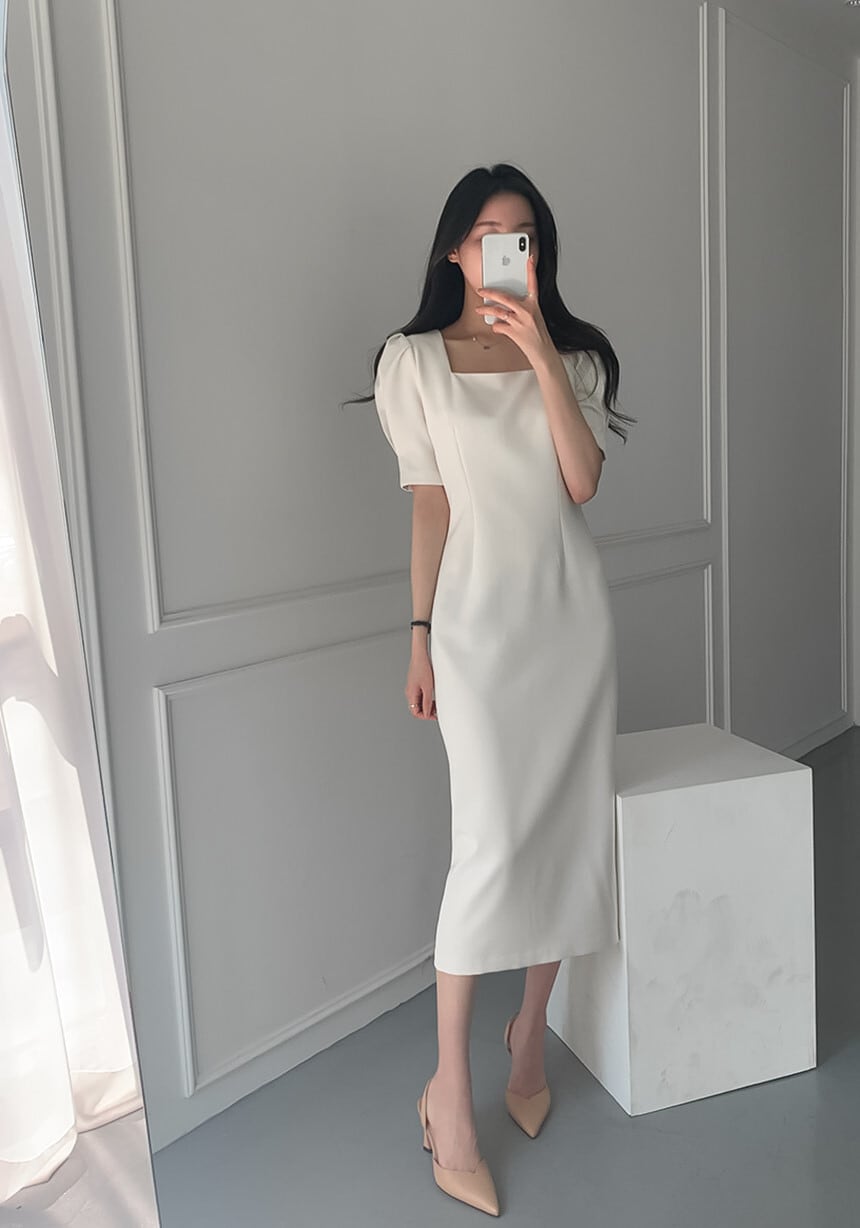 【dress】韓国風着痩せスクエアネックパフスリーブスリット気質満点ワンピース