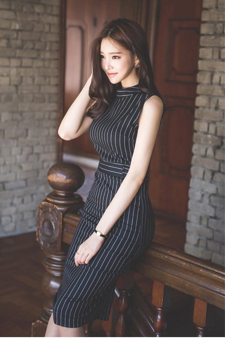 【dress】OL通勤好感度UP!気質満点ストライプ柄 ノースリーブワンピース G0892