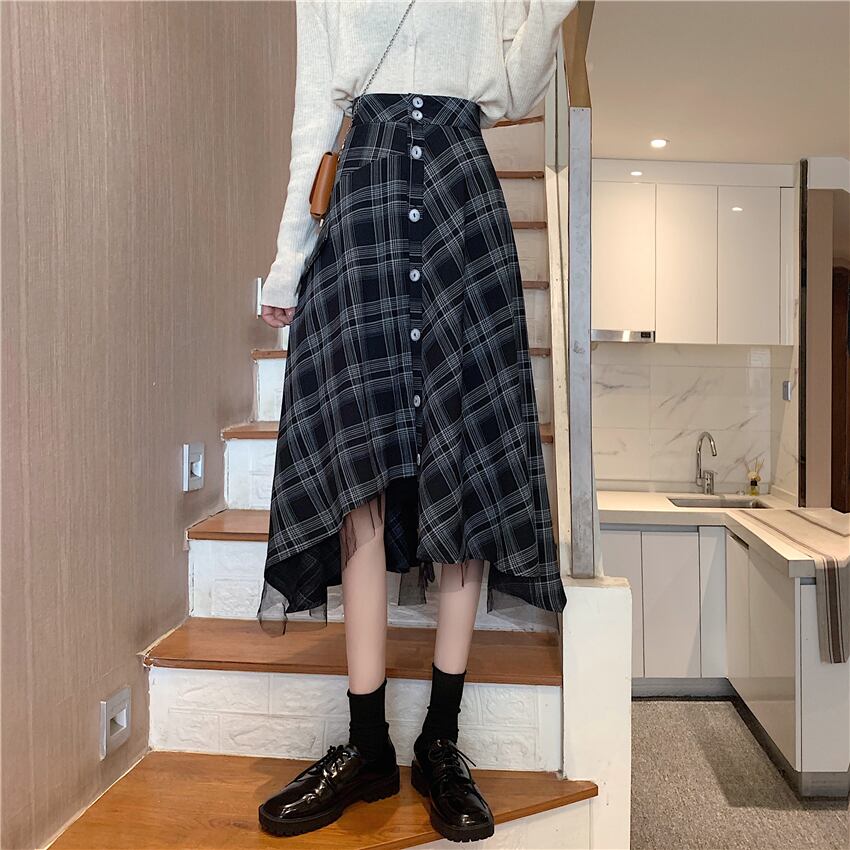 【bottoms】スウィート気質満点デザイン不規則チェック柄ハイウエストスカート
