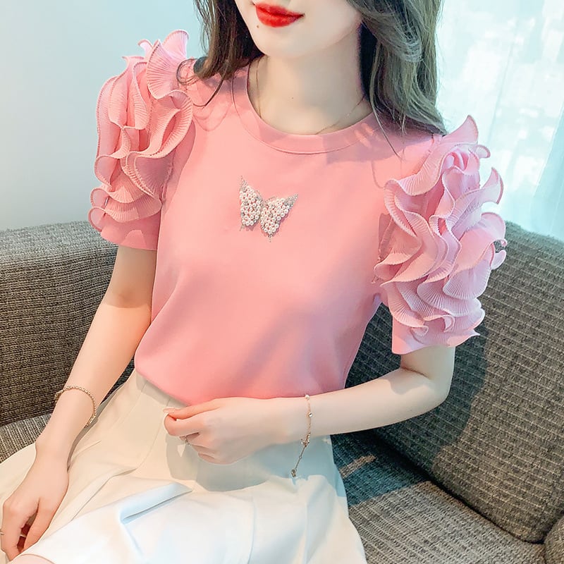 【tops】フリルパフスリーブTシャツG21540