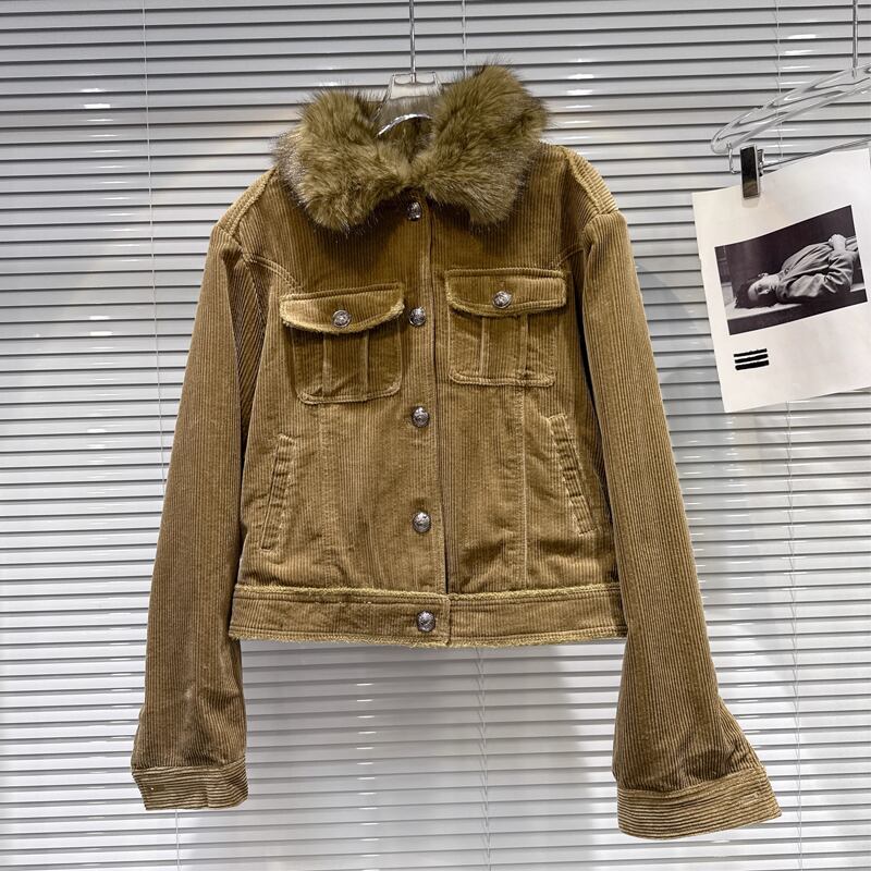 【outer】ファー付きコーデュロイ中綿ジャケット Q7458