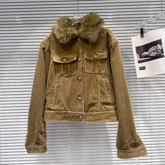 【outer】ファー付きコーデュロイ中綿ジャケット Q7458